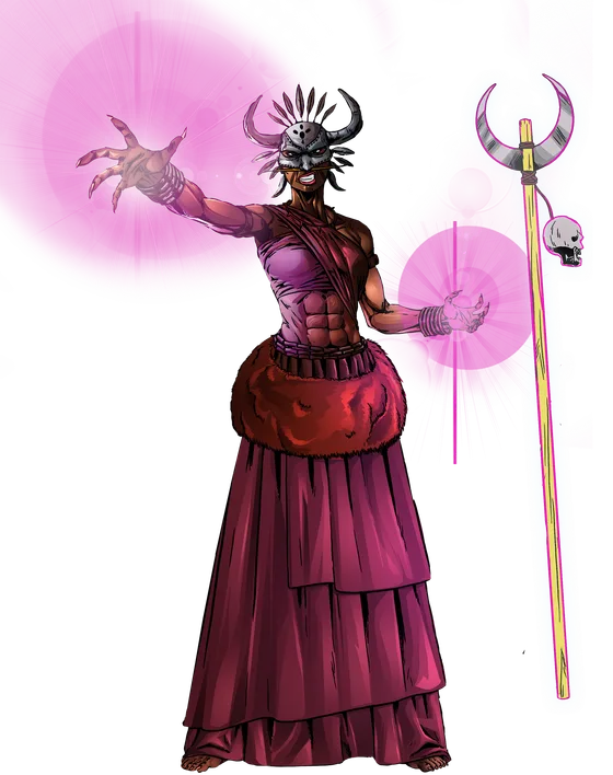 Mchawi — A horned priestess who channels raw magic through both hands.