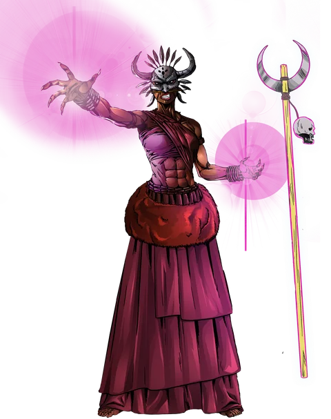 Mchawi — A horned priestess who channels raw magic through both hands.