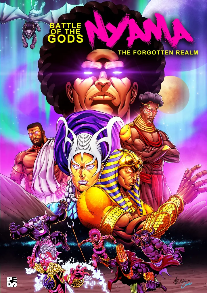 Nyama: Battle of the Gods cover art — Gods, monarchs and forgotten powers collide across a realm on the edge of myth.